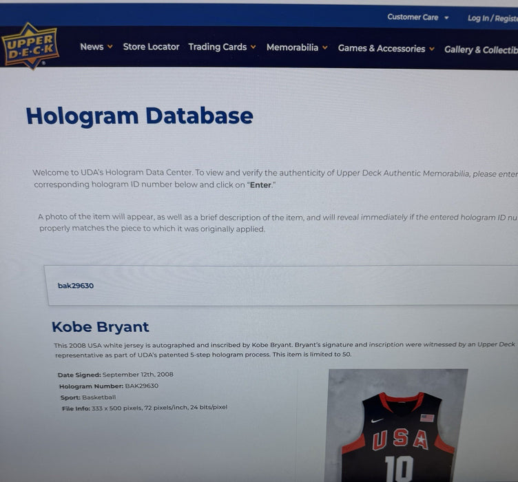 Kobe Bryant "2008 USA Gold" Signed Team USA Olympics Jersey UDA Upper Deck 37/50