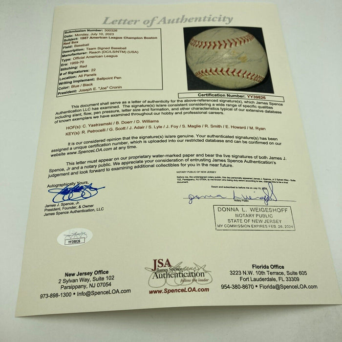 1967 Boston Red Sox AL Champs Team Signed American League Baseball With JSA COA