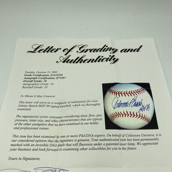 Johnny Bench HOF 1989 Signed Major League Baseball PSA DNA Graded 10 GEM MINT