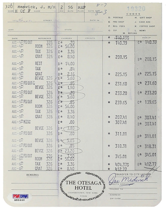 Joe Medwick Signed The Otesaga Hotel Cooperstown Receipt PSA DNA 10 Gem Mint