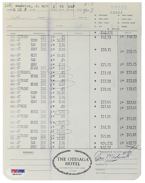 Joe Medwick Signed The Otesaga Hotel Cooperstown Receipt PSA DNA 10 Gem Mint