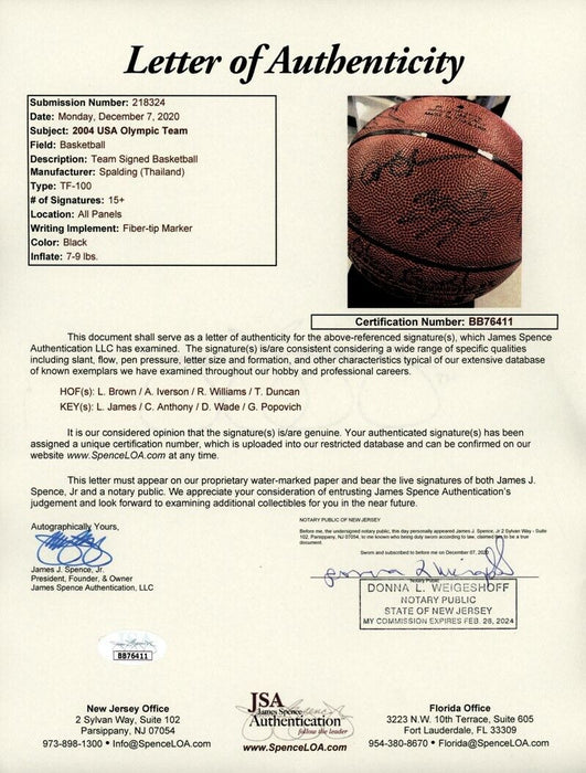 Lebron James Rookie 2004 Olympics Team USA Signed Basketball Tim Duncan JSA COA