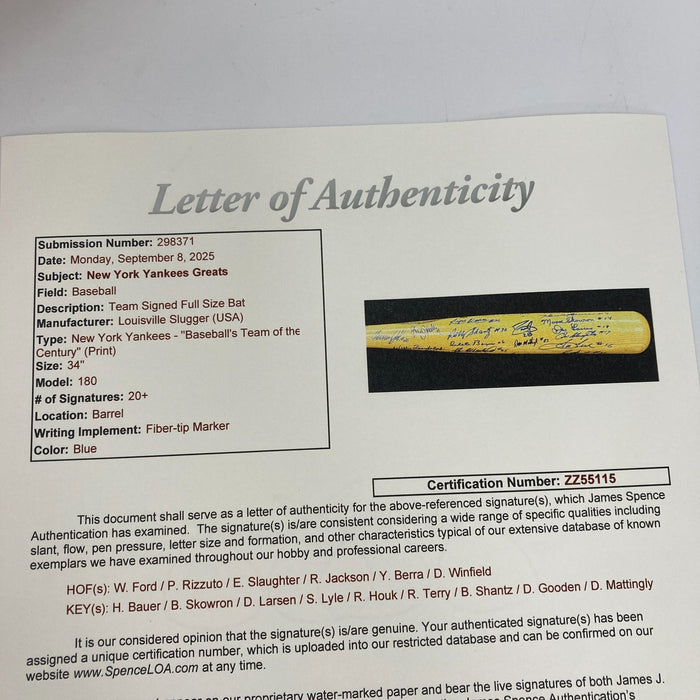 New York Yankees Legends Team Of The Century Multi Signed Baseball Bat JSA COA