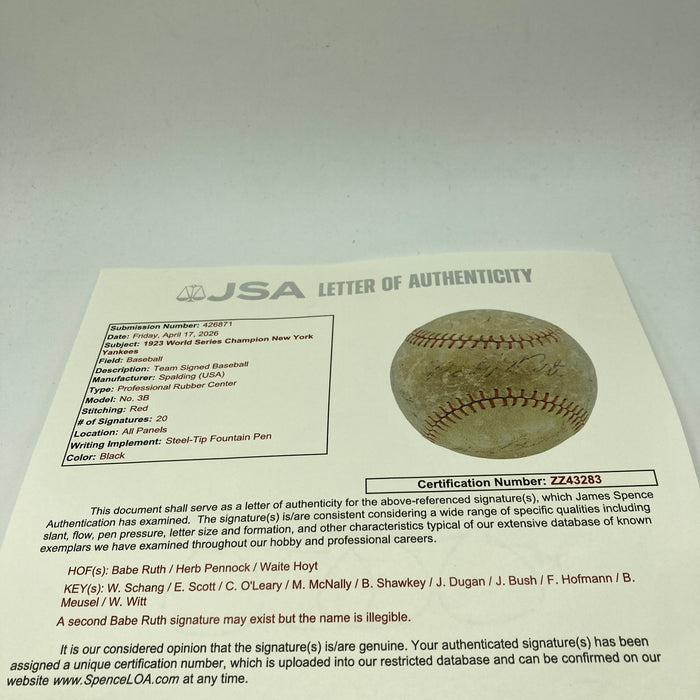 1923 NY Yankees World Series Champs Team Signed Baseball Babe Ruth JSA & PSA