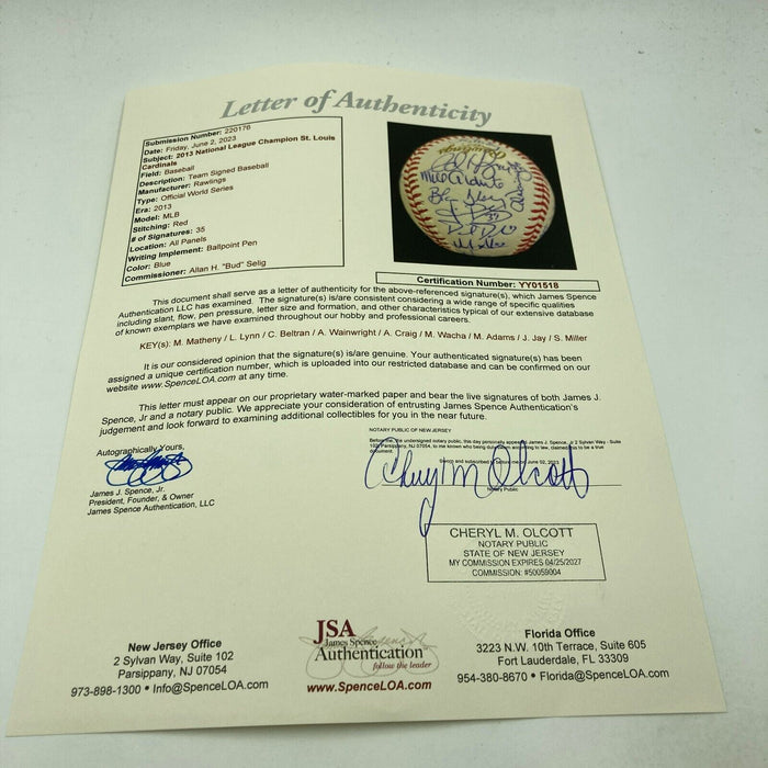 2013 St. Louis Cardinals NL Champs Team Signed World Series Baseball JSA COA