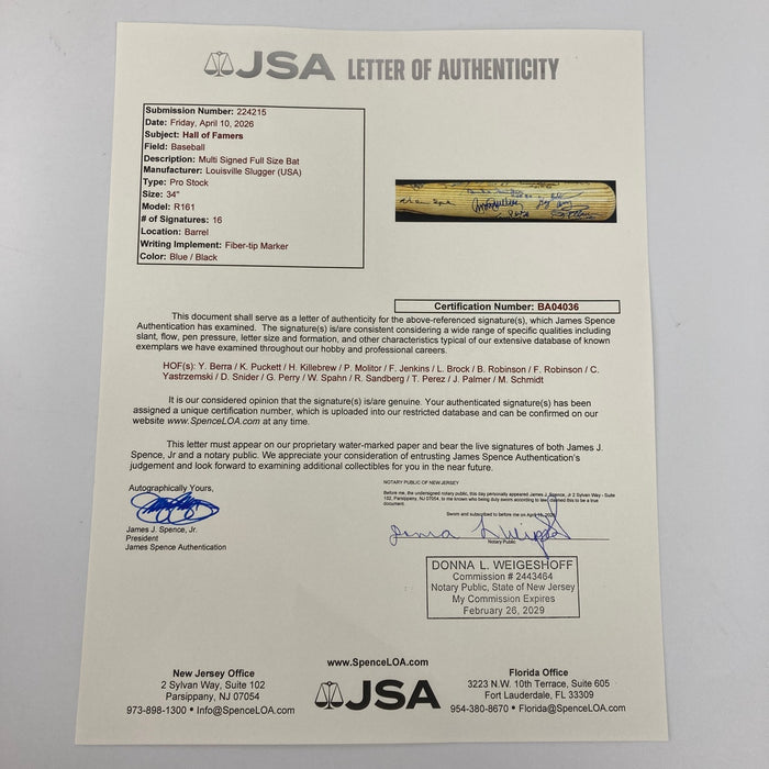 Beautiful Hall Of Fame Multi Signed Baseball Bat Kirby Puckett JSA COA