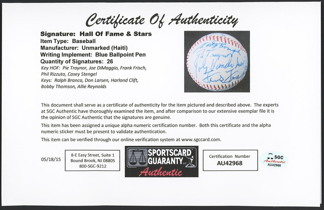 Joe Dimaggio Pie Traynor George Weiss HOF Multi Signed Baseball SGC COA