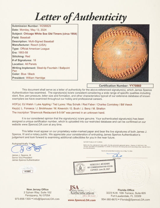 Charles Comiskey Ed Walsh Red Faber Chicago White Sox HOF Signed Baseball JSA