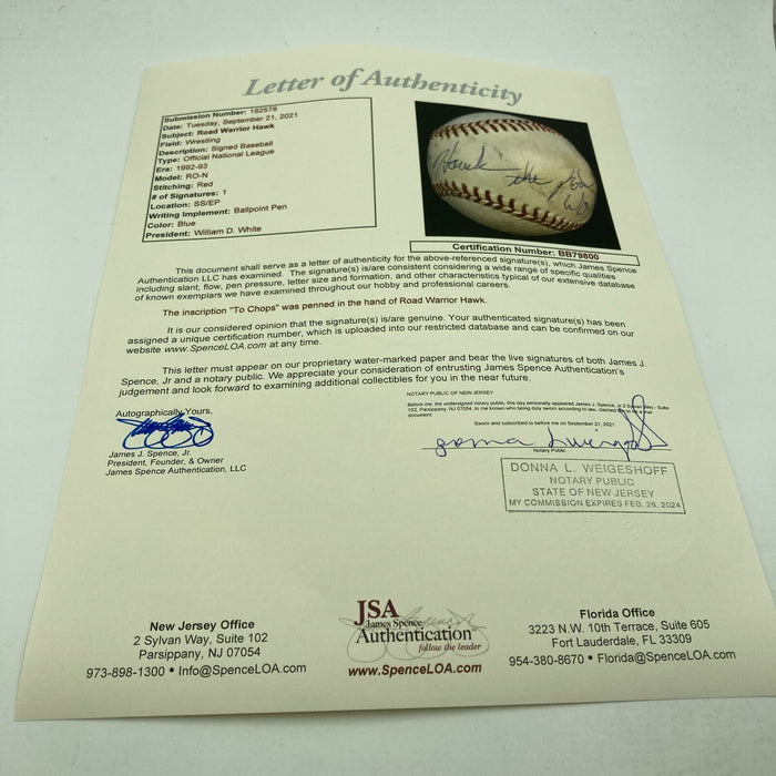 Road Warrior Hawk Single Signed Baseball Dec. 2003 WWF Wrestling JSA COA RARE