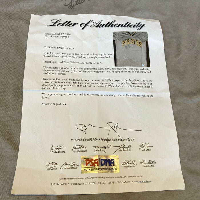 RARE Lloyd Waner "Little Poison" Signed Pittsburgh Pirates Jersey PSA DNA COA