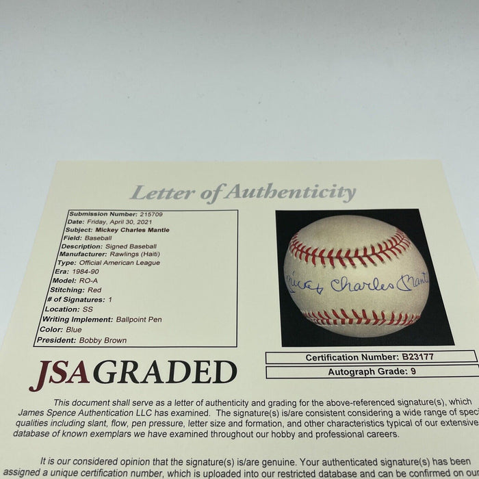 Beautiful Mickey Charles Mantle Full Name Signed AL Baseball JSA Graded MINT 9