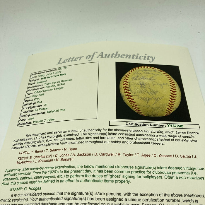 1968 New York Mets Team Signed NL Giles Baseball Nolan Ryan & Tom Seaver JSA COA