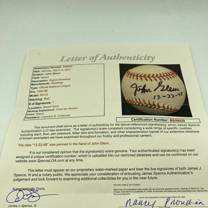 Beautiful John Glenn Single Signed National League Baseball JSA COA NASA