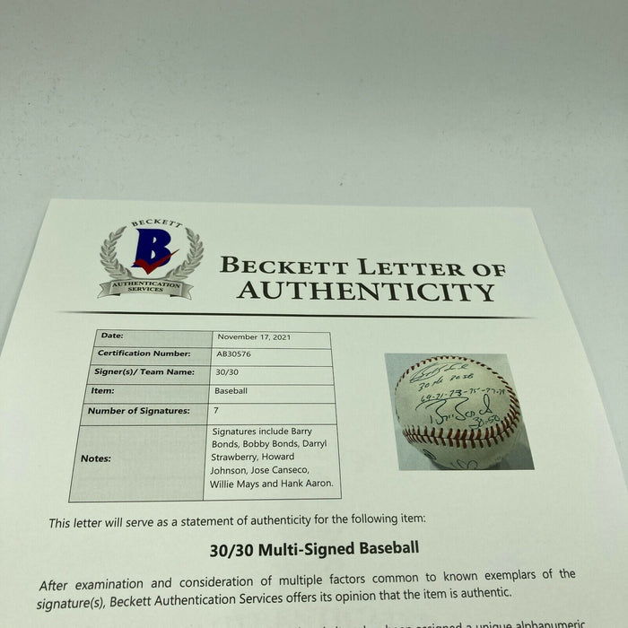 Willie Mays Hank Aaron Barry Bonds 30/30 Club Signed Inscribed Baseball Beckett