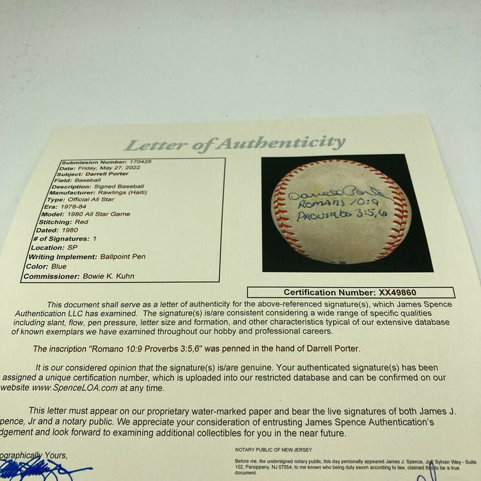 Darrell Porter Signed Inscribed Official 1980 All Star Game Baseball JSA COA
