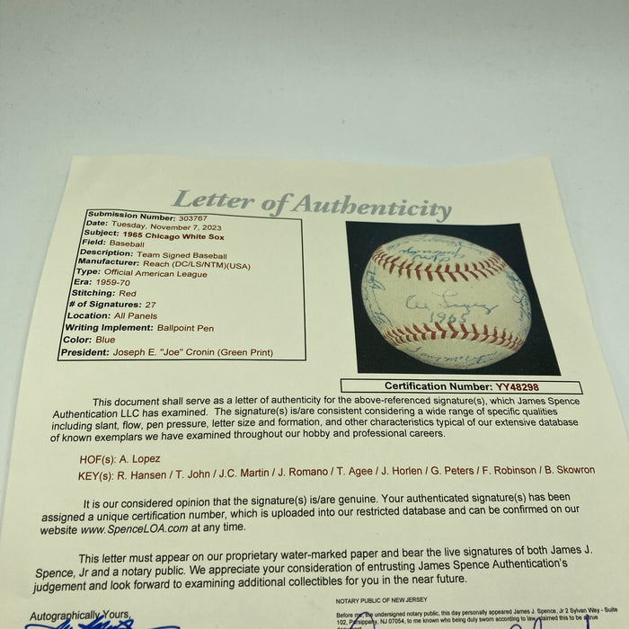 Beautiful 1965 Chicago White Sox Team Signed Baseball JSA COA