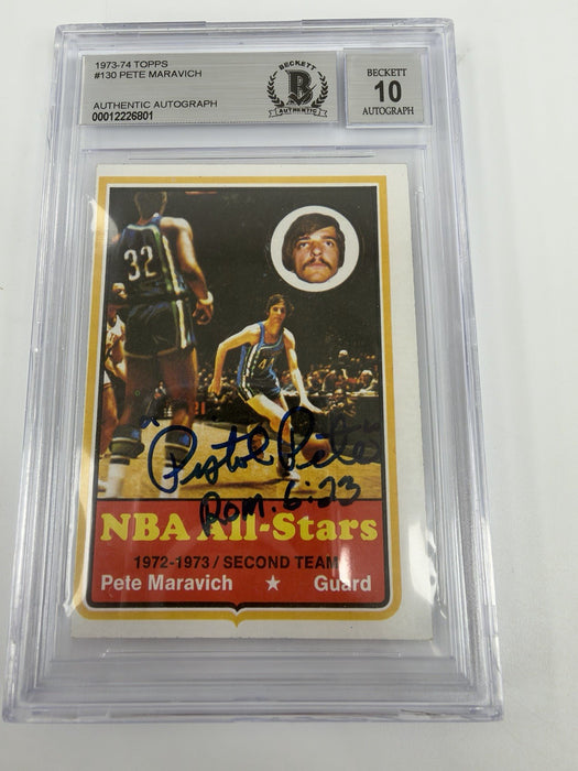 Pete Maravich 1973 Topps #130 Signed Card BVG 10 GEM MINT Auto RARE