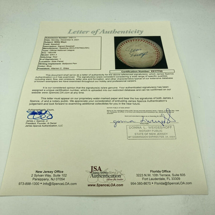 Willie Mays 1950's Playing Days Signed National League Giles Baseball JSA COA