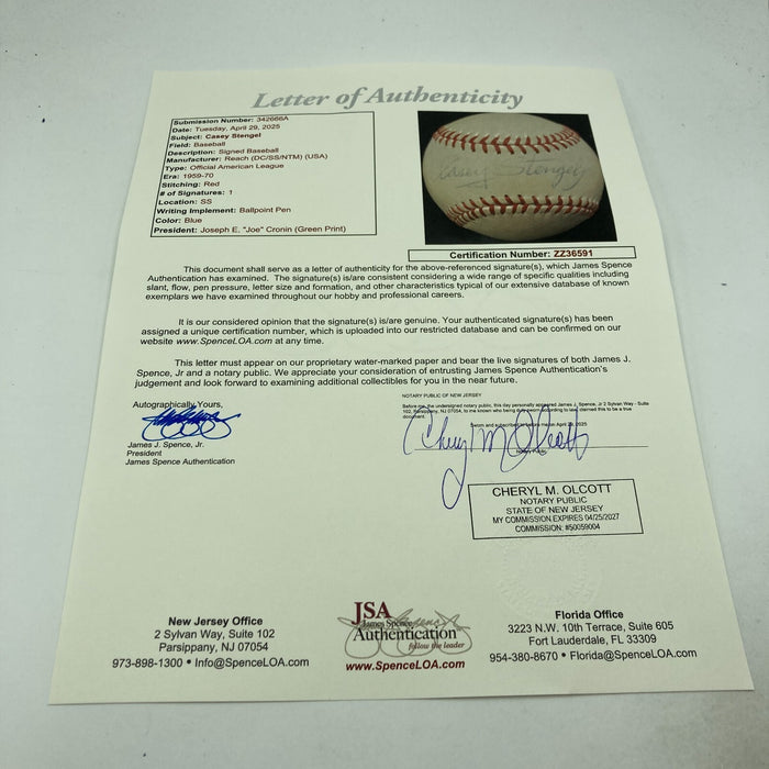 Casey Stengel Single Signed 1960's American League Joe Cronin Baseball JSA COA