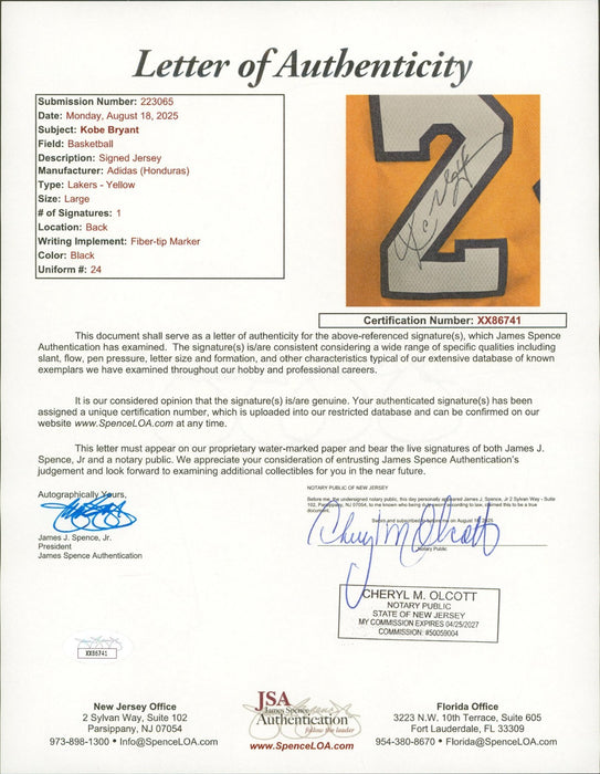 Kobe Bryant Signed Los Angeles Lakers Adidas #24 Authentic Jersey JSA COA