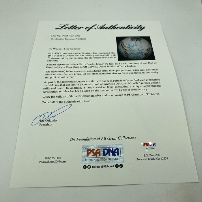 1994 All Star Game National League Team Signed Baseball Barry Bonds PSA DNA COA