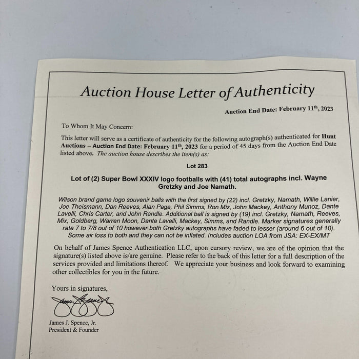 Joe Namath & Wayne Gretzky Super Bowl XXXIV Multi Signed Football JSA COA