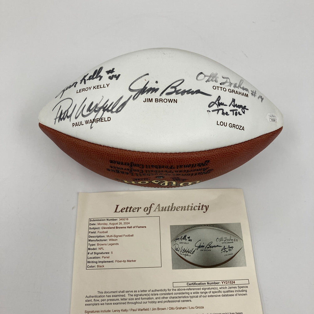 Jim Brown Otto Graham Paul Warfield Lou Groza Signed Browns HOF Football JSA