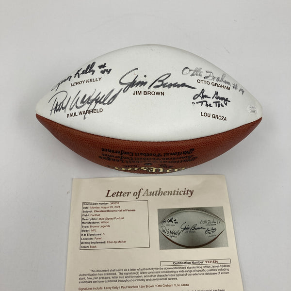 Jim Brown Otto Graham Paul Warfield Lou Groza Signed Browns HOF Football JSA