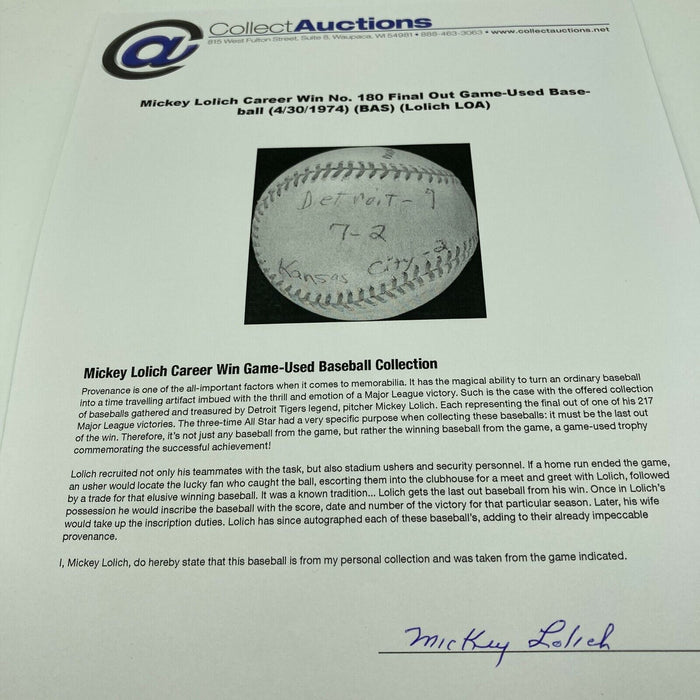 Mickey Lolich Signed Career Win No. 180 Final Out Game Used Baseball Beckett COA