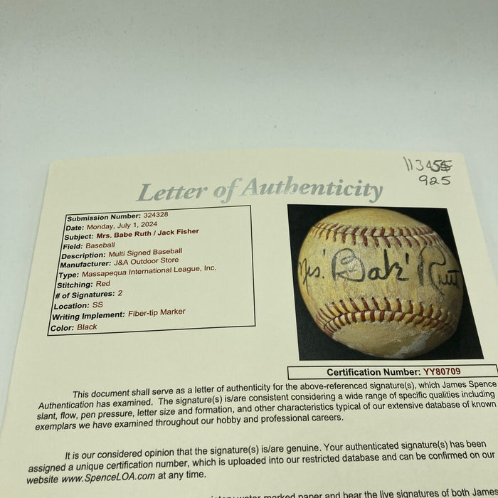 Mrs. Babe Ruth Signed Autographed 1950's Minor League Baseball JSA COA