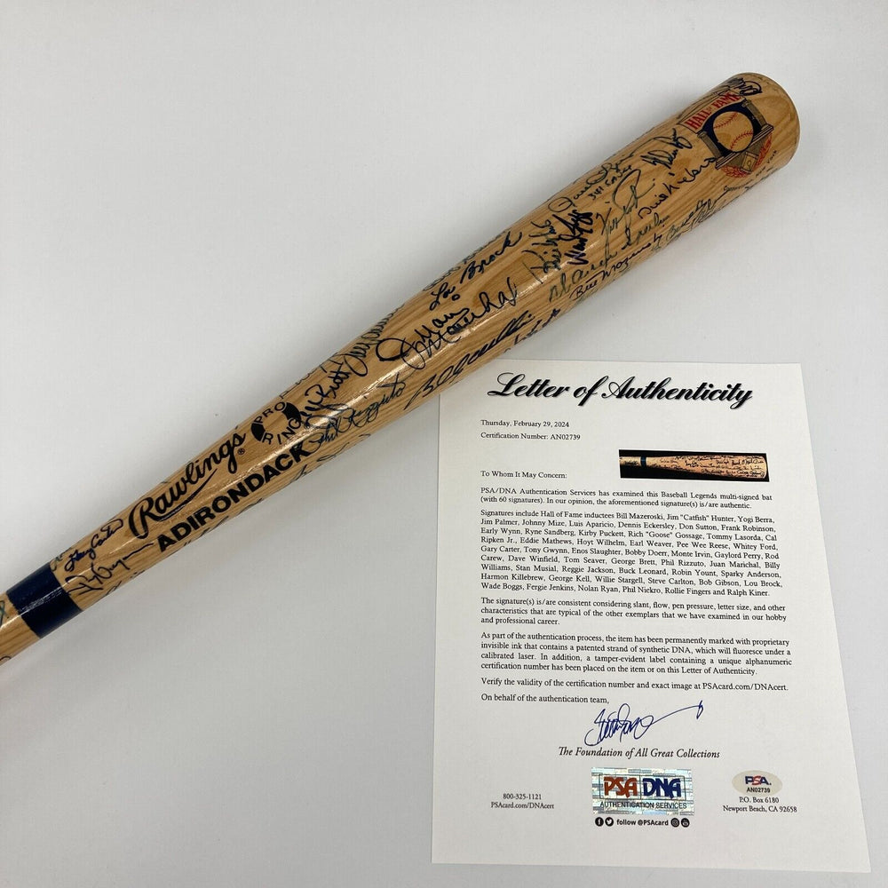 Beautiful HOF Multi Signed Bat 60 Sigs! Kirby Puckett Stan Musial Tony Gwynn PSA