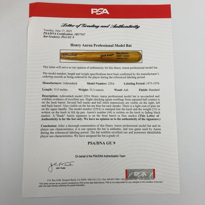 Hank Aaron Signed 1975- Game Used Baseball Bat PSA DNA & JSA COA