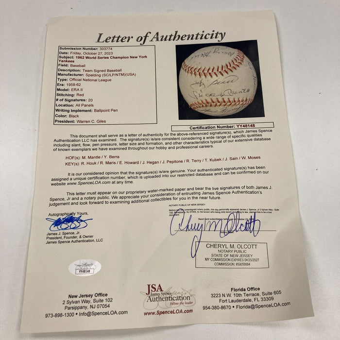 1962 New York Yankees W.S. Champs Team Signed Baseball Mickey Mantle Maris JSA