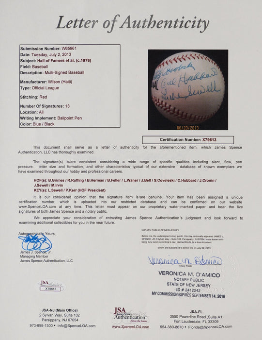 1970's HOF Signed Baseball Red Ruffing Stan Coveleski Joe Cronin Cal Hubbard JSA
