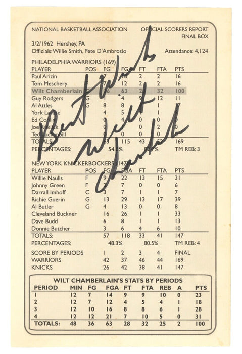 Wilt Chamberlain Signed 100 Point Game Scorecard Beckett COA