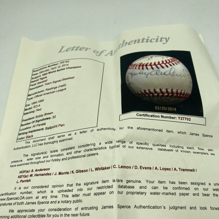 1984 Detroit Tigers World Series Champs Team Signed Baseball 30 Sigs JSA COA