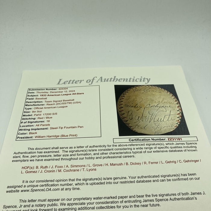 Babe Ruth & Lou Gehrig 1933 First All Star Game Signed Baseball JSA COA