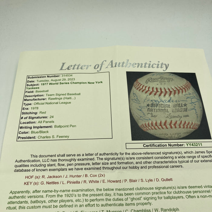 1977 New York Yankees World Series Champs Team Signed Baseball JSA COA
