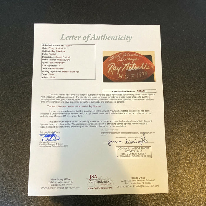 Beautiful Ray Nitschke "#66, HOF 1978" Signed Wilson NFL Game Football JSA COA