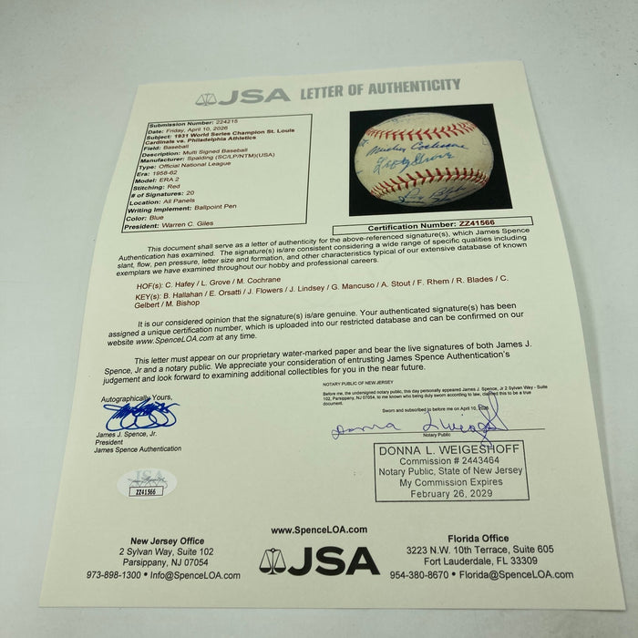 1931 St. Louis Cardinals WS Champs VS Philadelphia A's Team Signed Baseball JSA