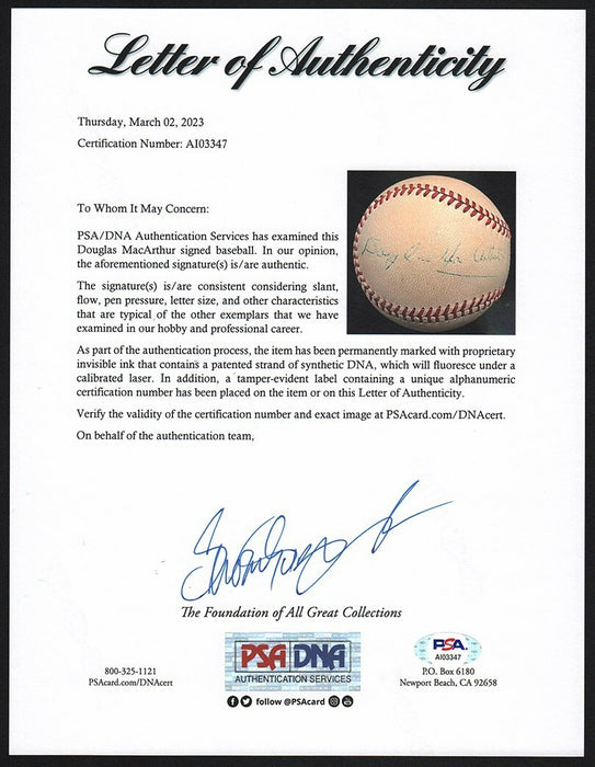 General Douglas MacArthur Single Signed Baseball PSA DNA COA World War 2 WWII