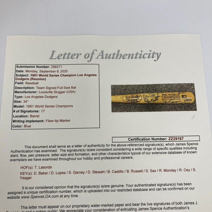 1981 Los Angeles Dodgers World Series Champs Team Signed Baseball Bat  JSA COA