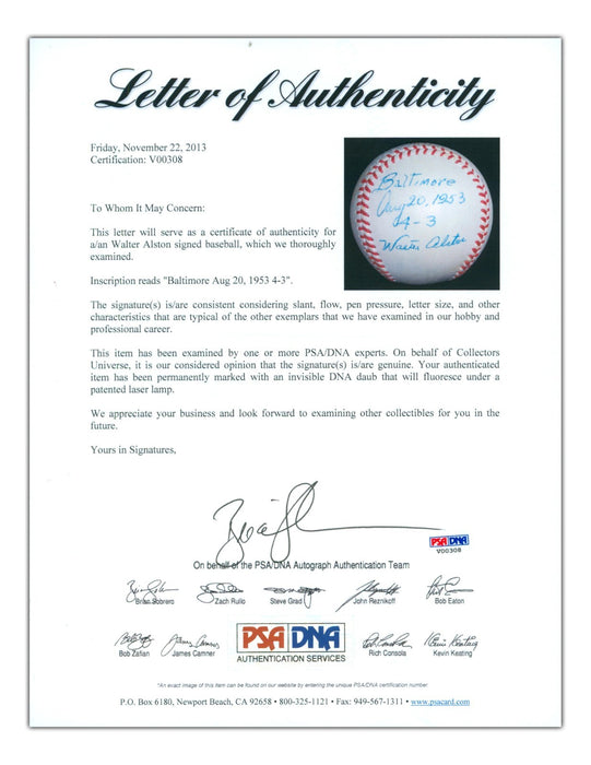 Beautiful Walt Alston Single Signed Vintage 1953 Baseball PSA DNA COA