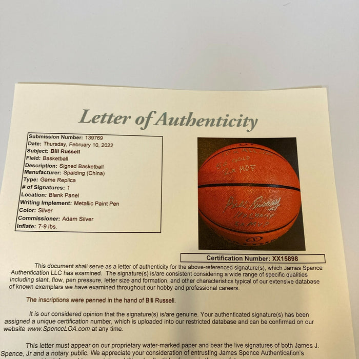 Extraordinary Bill Russell Signed Heavily Inscribed STAT Basketball JSA COA