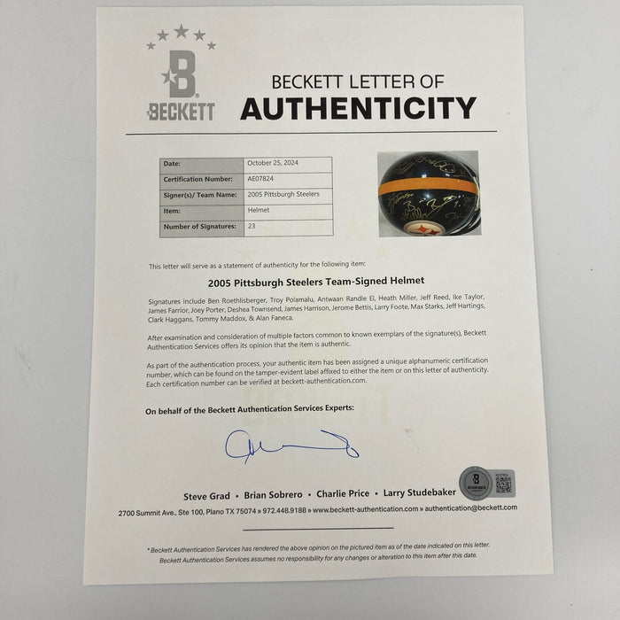 2005 Pittsburgh Steelers Super Bowl Champs Team Signed Game Helmet Beckett COA