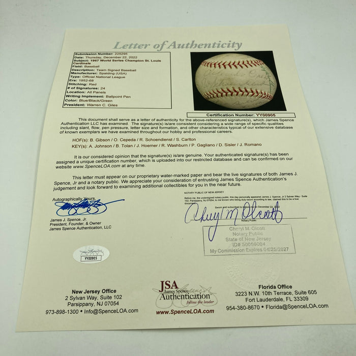 1967 St. Louis Cardinals World Series Champs Team Signed Baseball JSA COA
