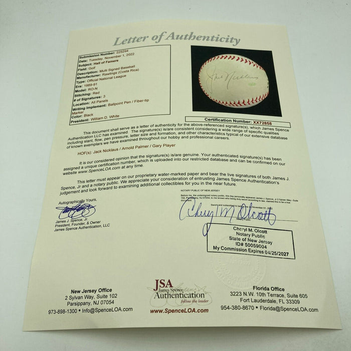 Arnold Palmer Jack Nicklaus Gary Player Golf Legends Signed Baseball JSA COA