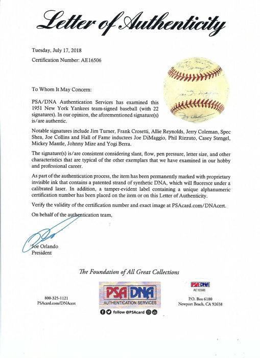 1951 Yankees World Series Champs Team Signed Baseball Mickey Mantle Rookie PSA