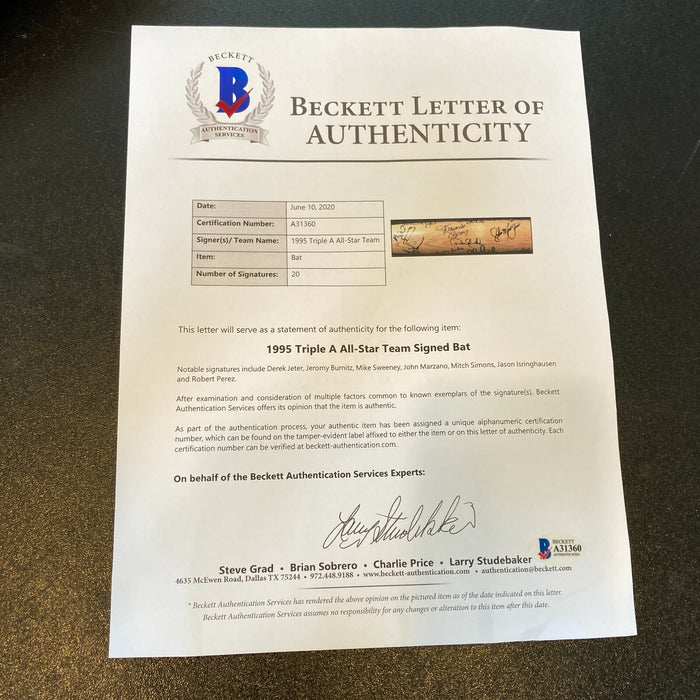 Derek Jeter Pre Rookie 1995 All Star Game Team Signed Baseball Bat Beckett COA