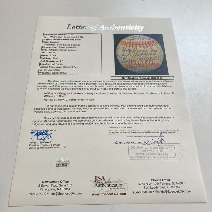 Beautiful Joe Dimaggio Hall Of Fame Multi Signed Baseball JSA & Beckett COA